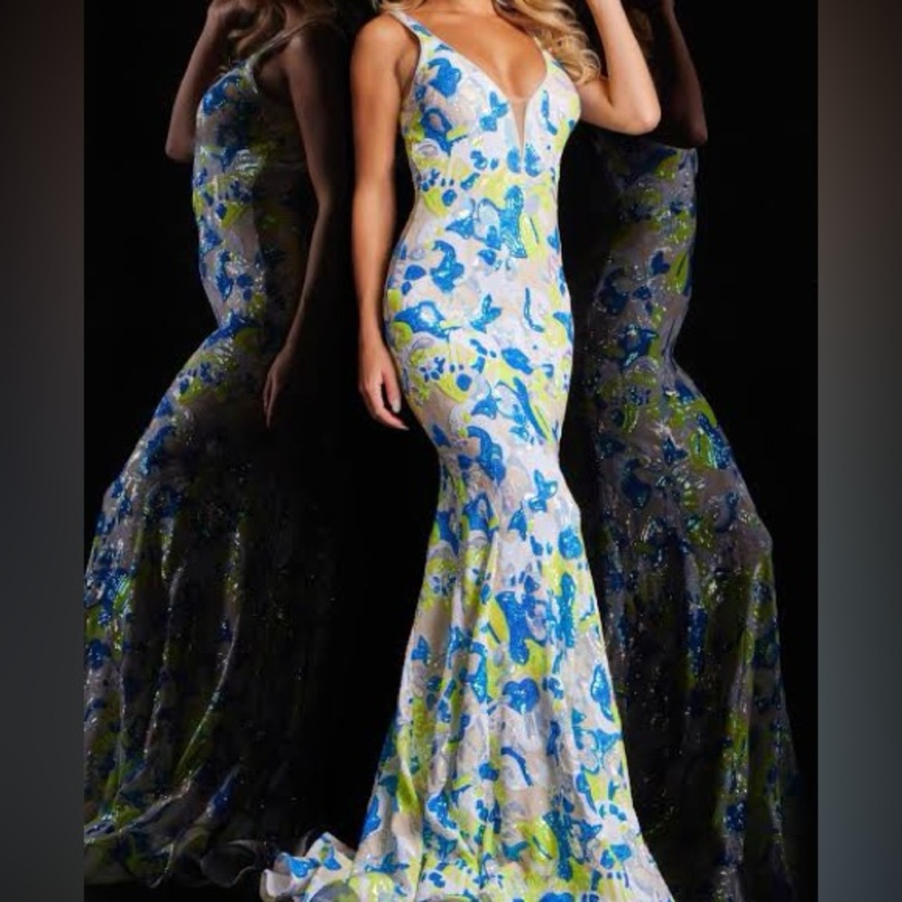 NWT Jovani 26130 Elegant Blue and Green Floral Dress